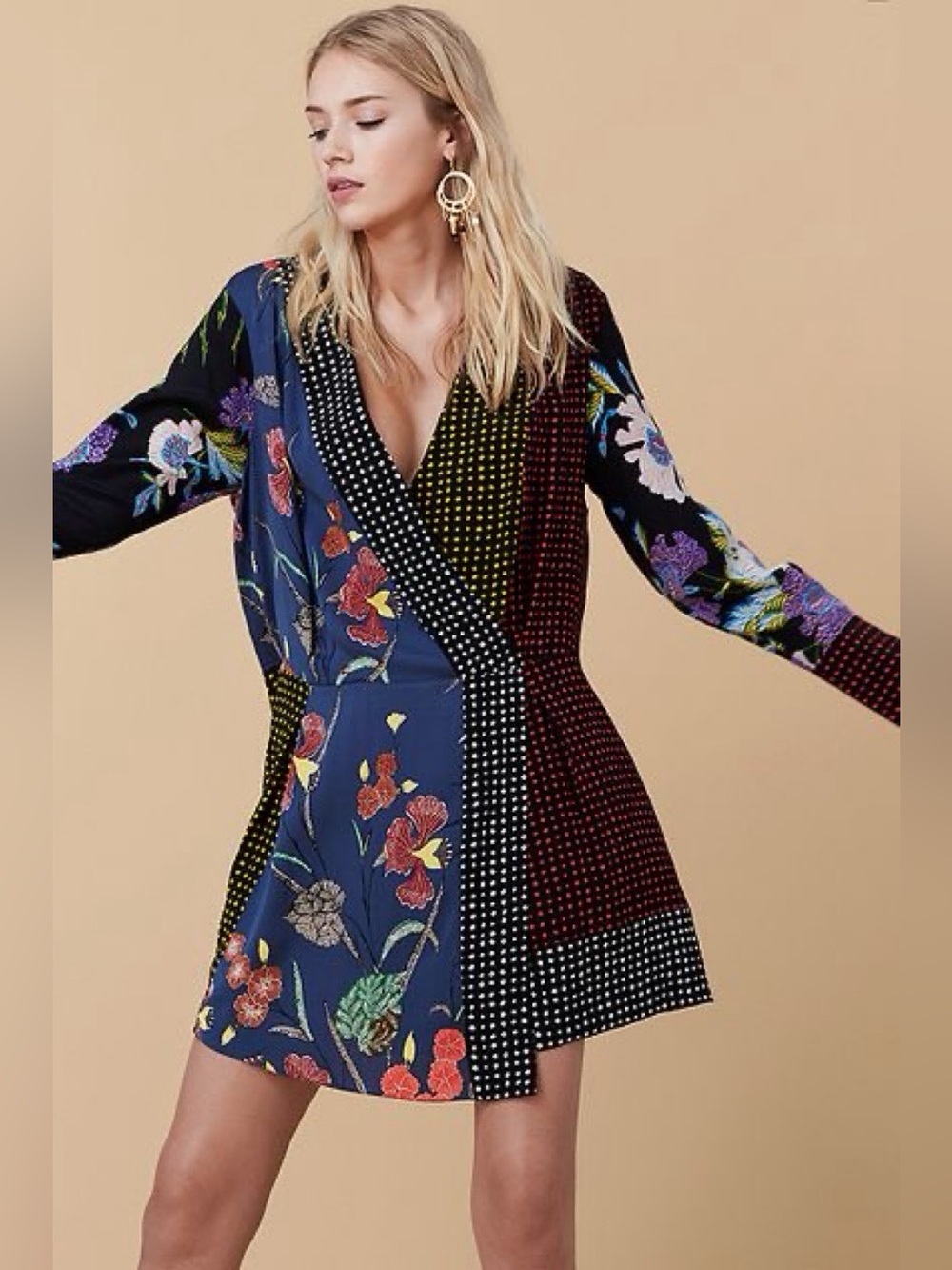 Diane von Furstenberg DVF Blue Silk Floral Print Faux Wrap Dress Women’s Size S